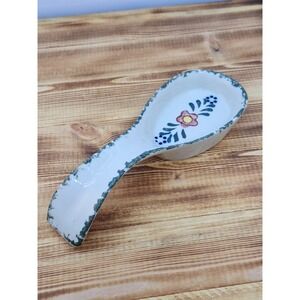 Green‎ Spongeware 7" Floral White Porcelain Country Stove Top Spoon Rest 8" X 3"